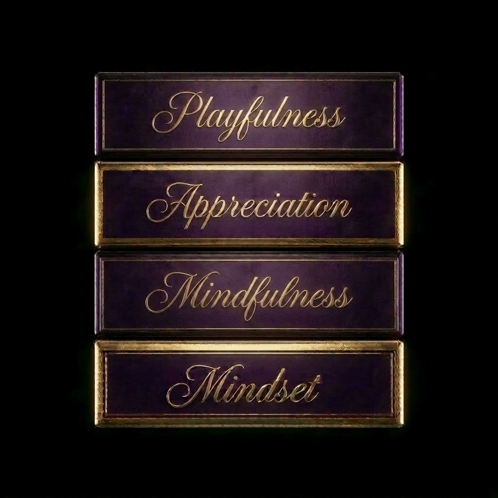 Four stacked rectangular decorative boxes with purple and gold ornate patterns